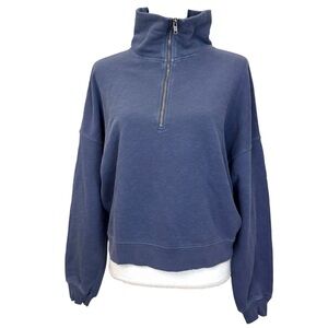 AMO Distressed Crop Sweatshirt Womens Size XS Blue High Neck Cotton Long Sleeve